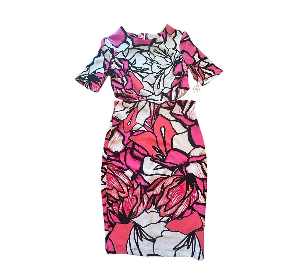NWT Bisou Bisou Michele Bohbot Pink Orange Floral Cutout Stretch Dress 8